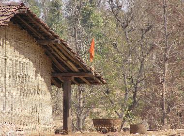 Ett hem på landsbygden i Gujarat. Den saffransgula flaggan på taket signalerar lojalitet med den hindunationalistiska hindutva-ideologin.
